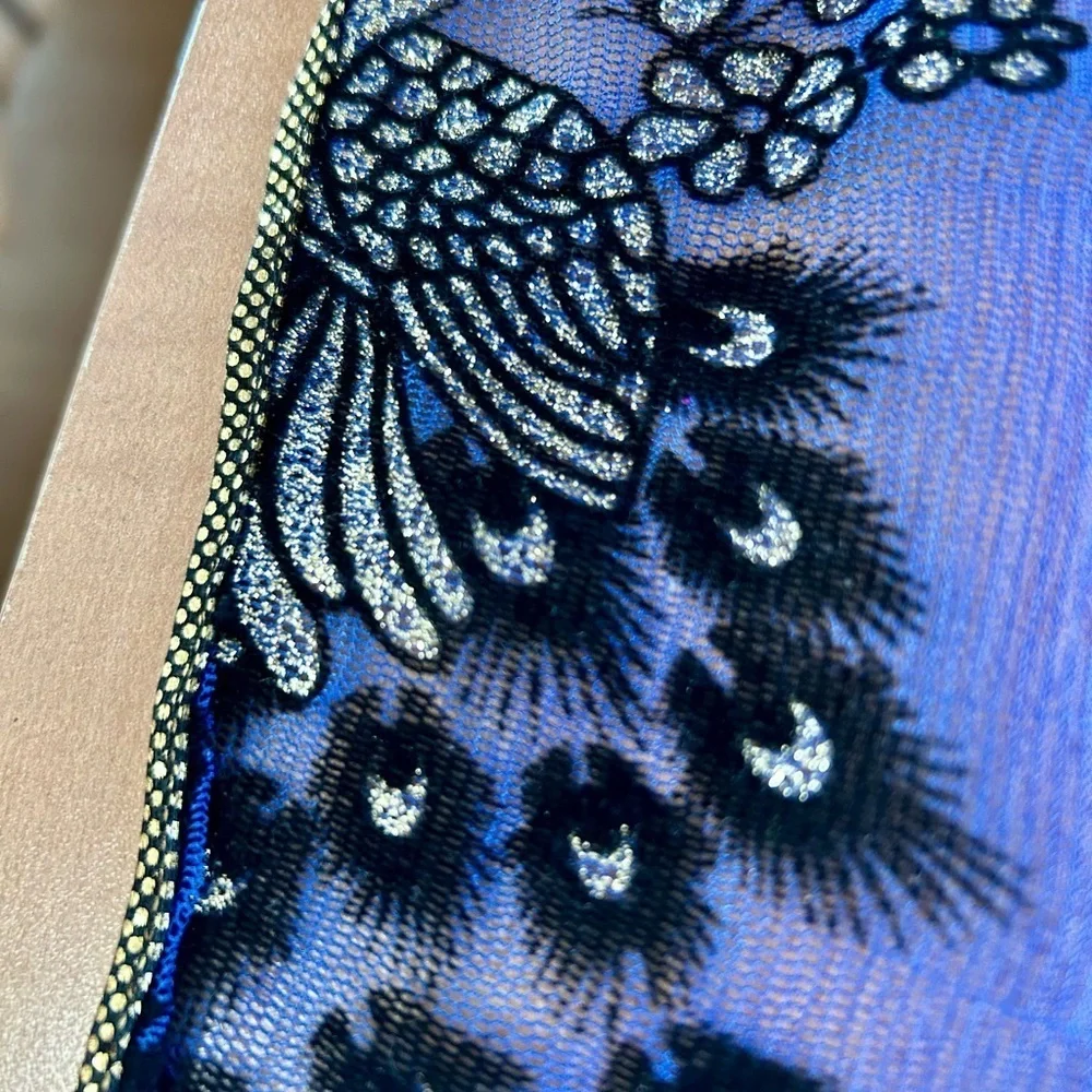 Peacock Scarf xlong blue/purple gold/silver beautiful 75 x 15
